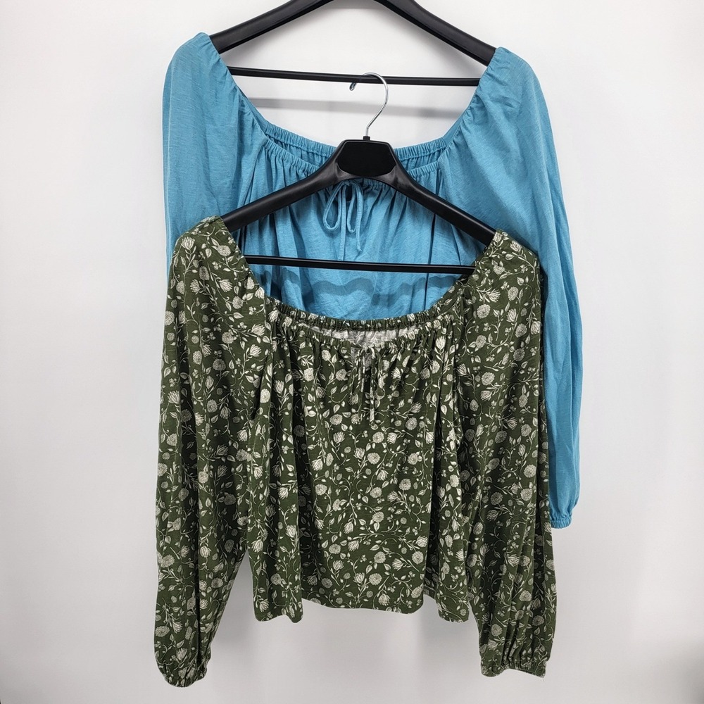 2 ANA A New Approach XXL Square Neck Long Sleeve Peasant Top Green Floral & Blue
